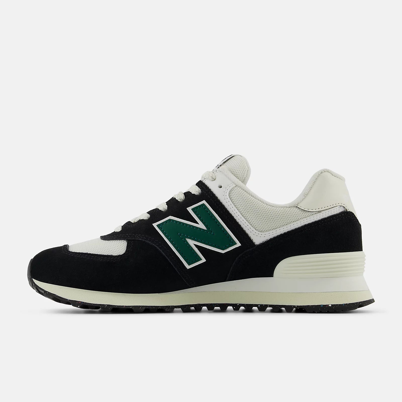 New Balance Unisex 574 v2 Varsity Suede Sneaker - Black with White and Marsh Green
