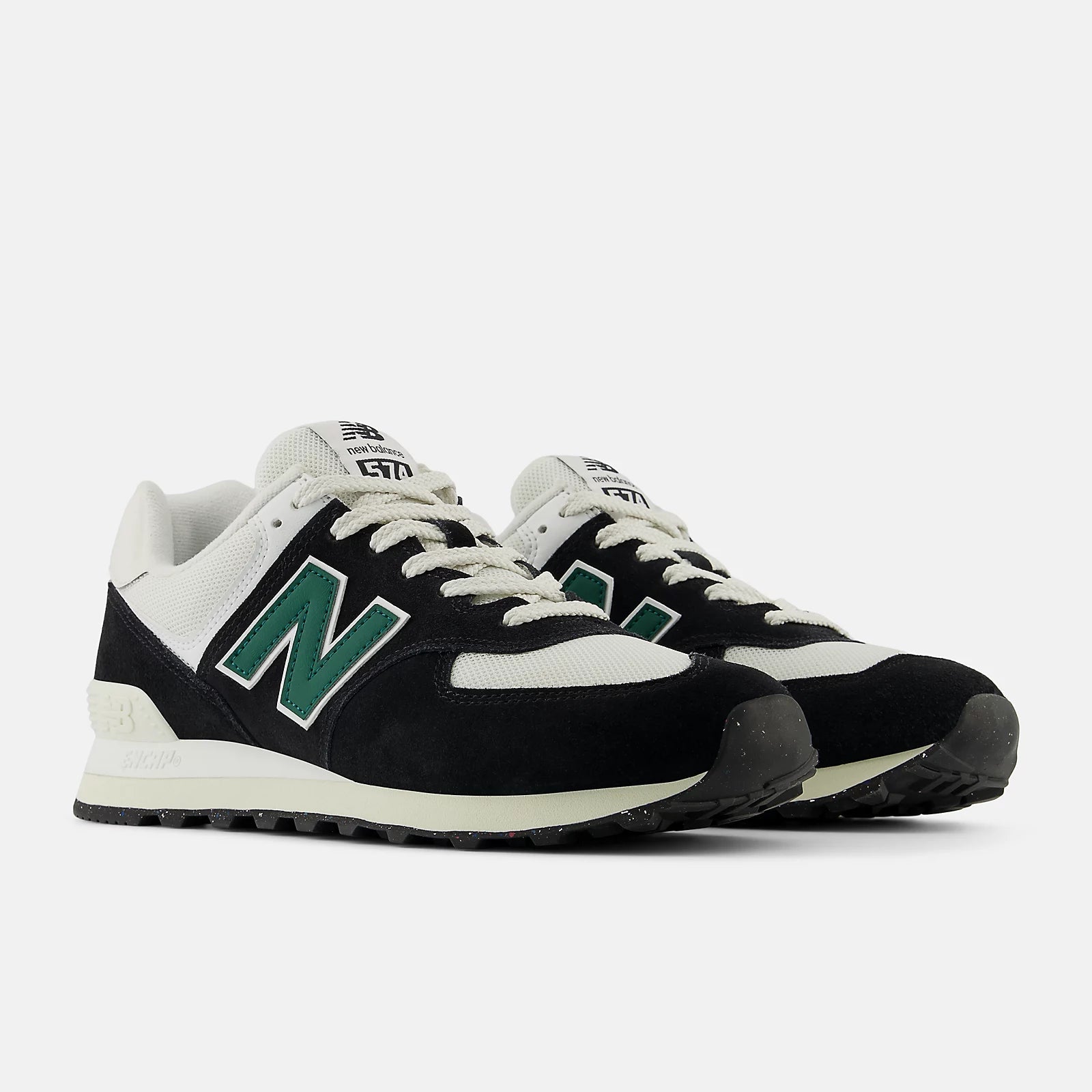 New Balance Unisex 574 v2 Varsity Suede Sneaker - Black with White and Marsh Green