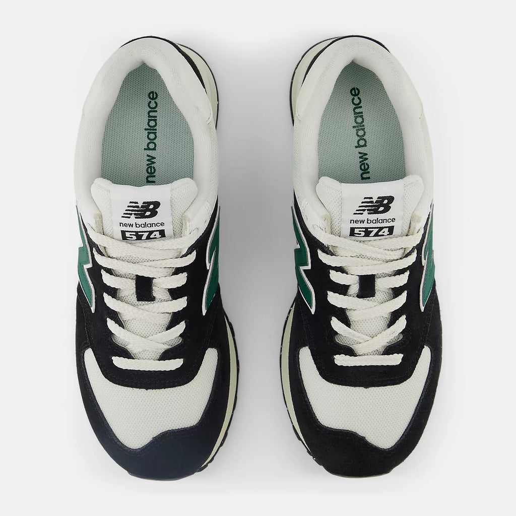 New Balance Unisex 574 v2 Varsity Suede Sneaker - Black with White and Marsh Green