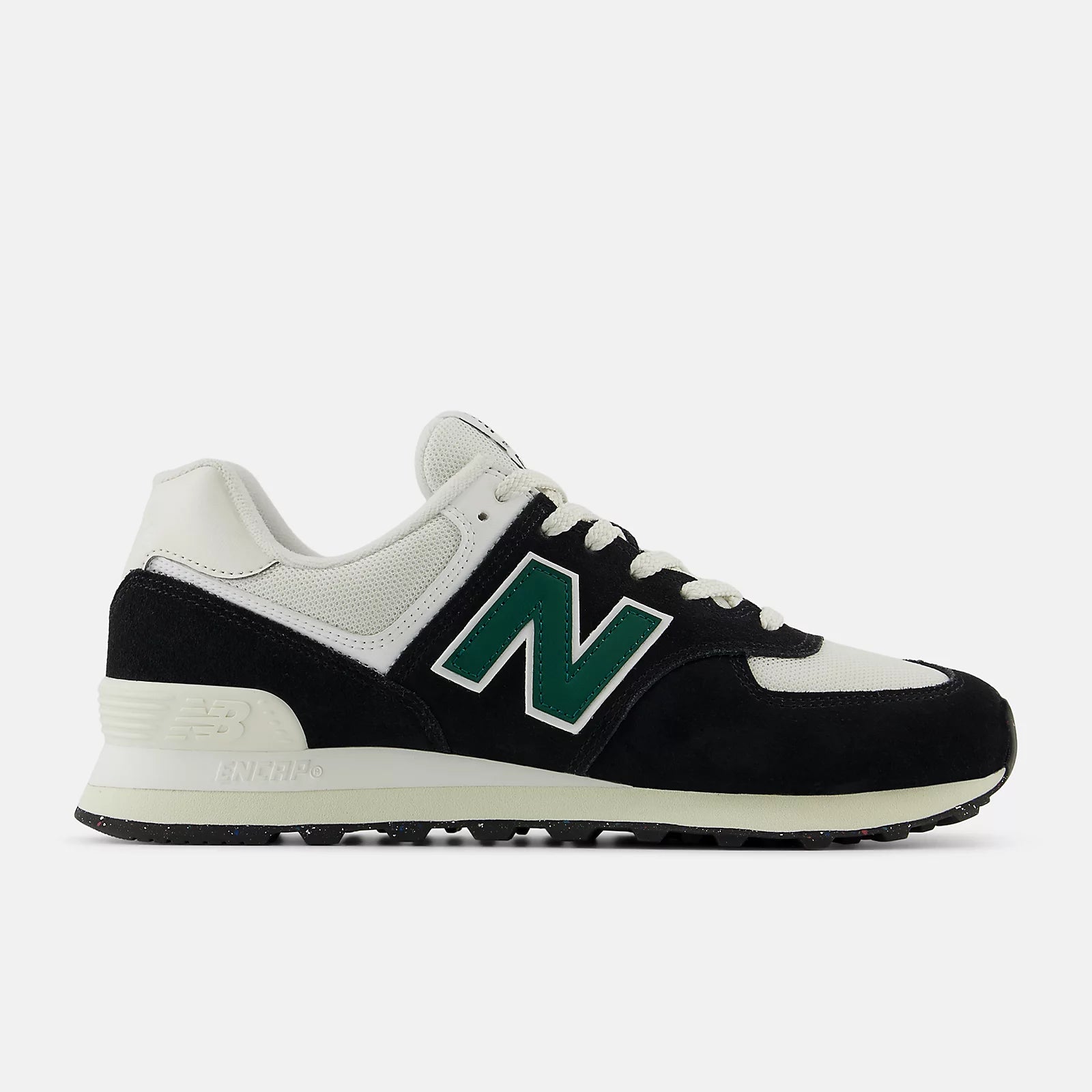 New Balance Unisex 574 v2 Varsity Suede Sneaker - Black with White and Marsh Green