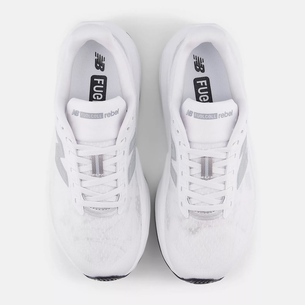 New Balance Women's FuelCell Rebel v5 Running Shoe - White with Silver Metallic and Black